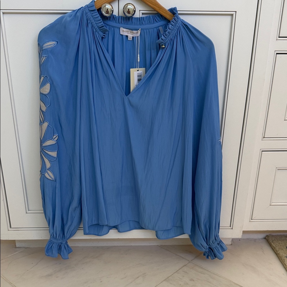 Ramy Brook Blue Blouse with Floral Accents